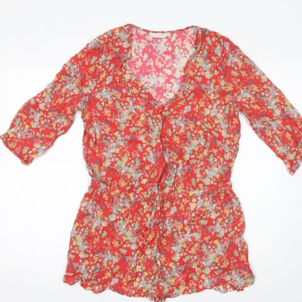 Pull & Bear Red Floral V-Neck Romper